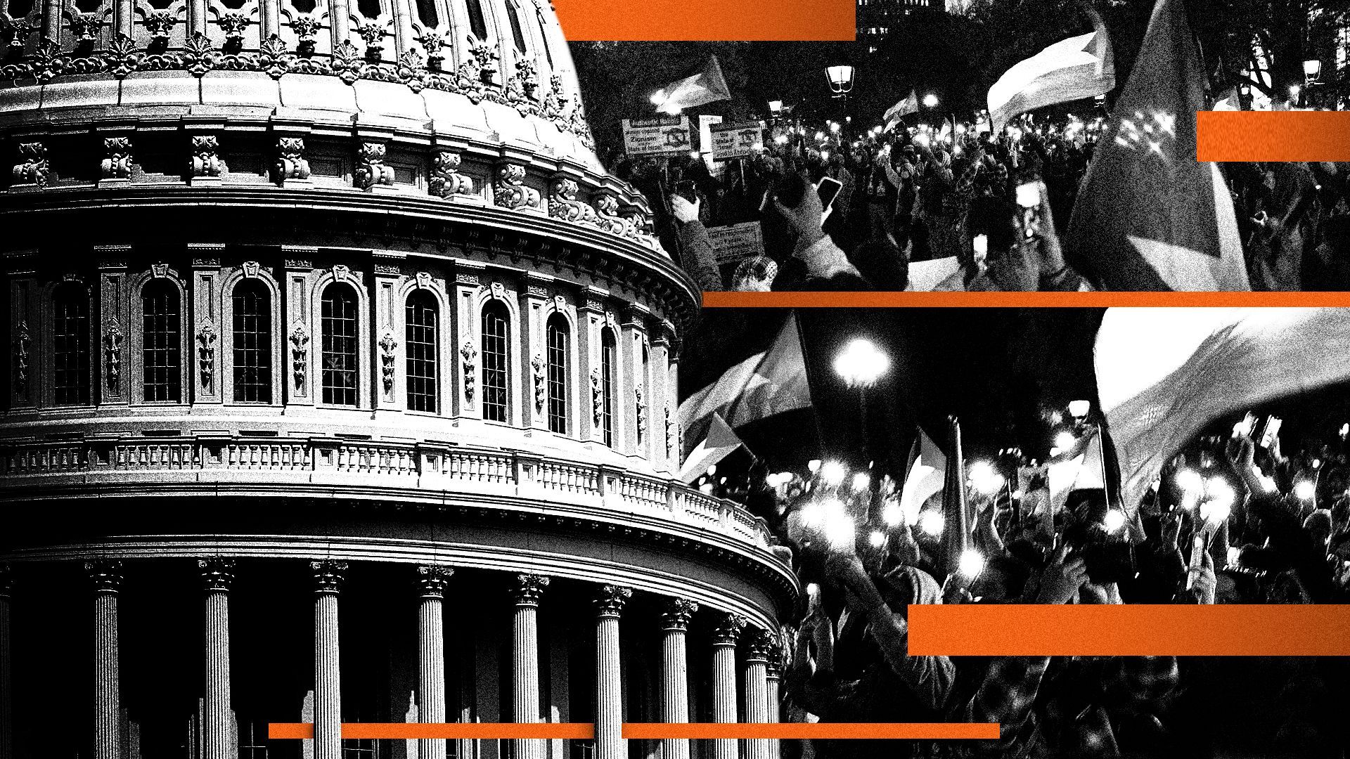 Photo illustration of the capitol dome with images of campus protests next to it
