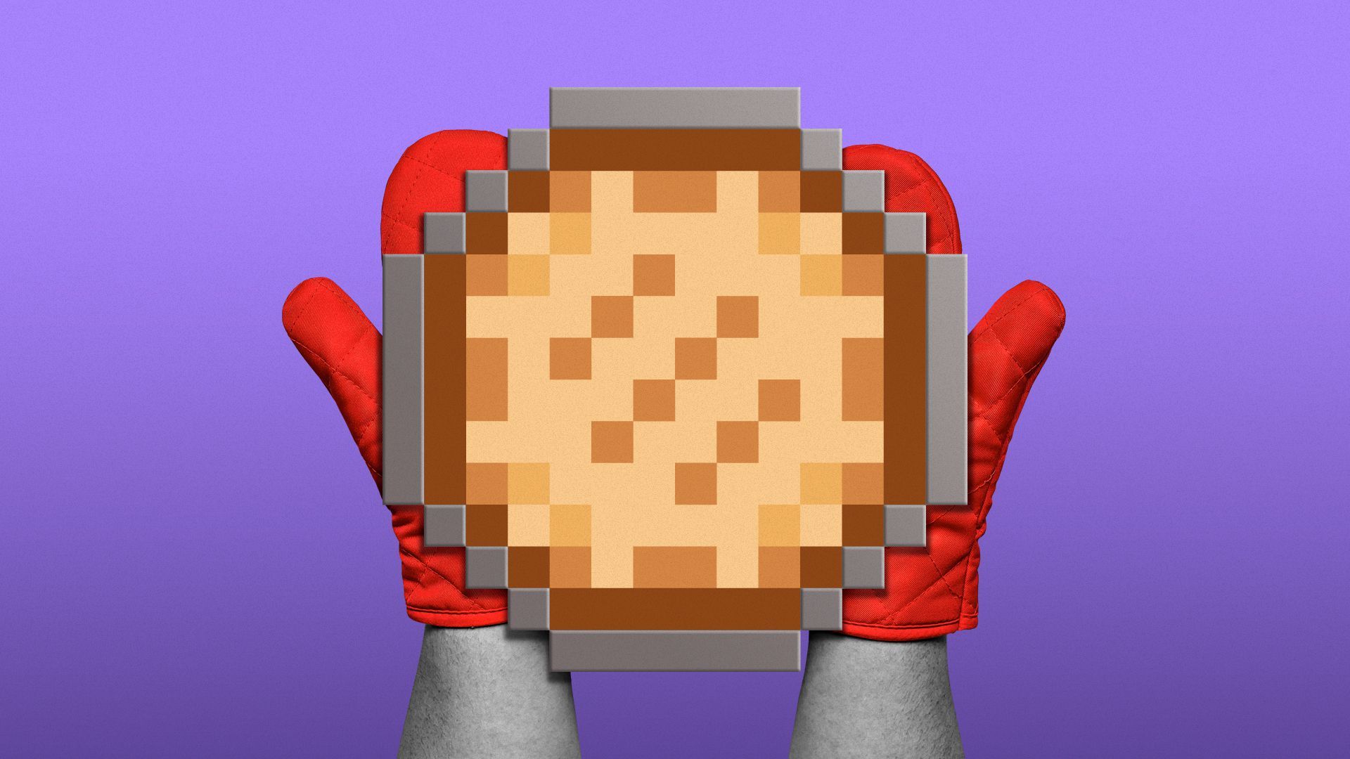 Illustration of hands with oven mitts holding a pixelated pie.