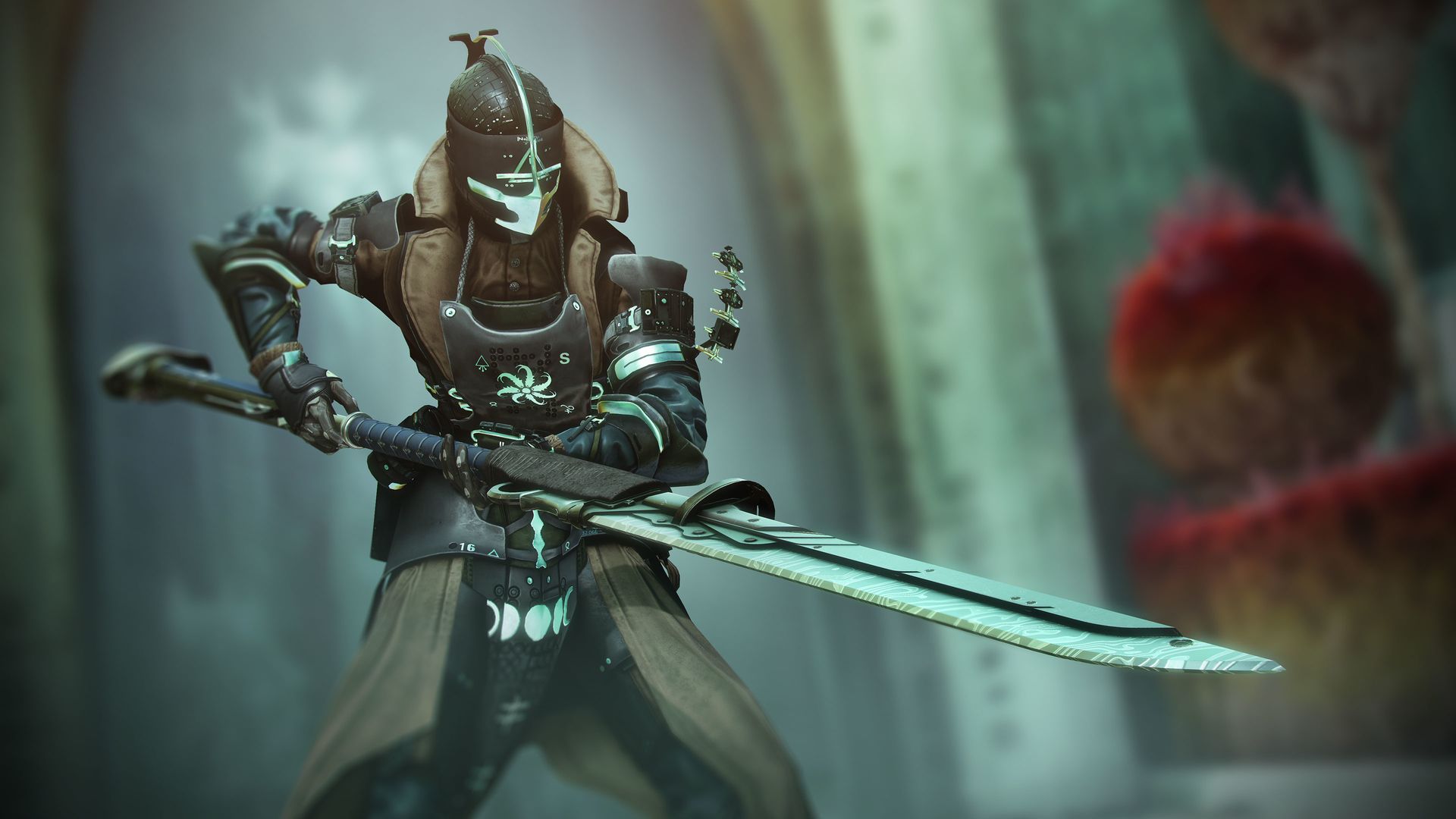 Image of an armored sci-warrior holding a long staff with a blade at the end