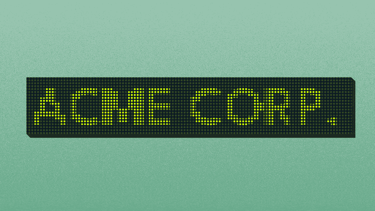 Animated illustration of a stock ticker with messages reading ACME CORP., ALSO ACME, SAME, STILL JUST THAT ONE COMPANY, TAKE A GUESS, and DIFFERENT COMP—PSYCH! with up arrows next to each.