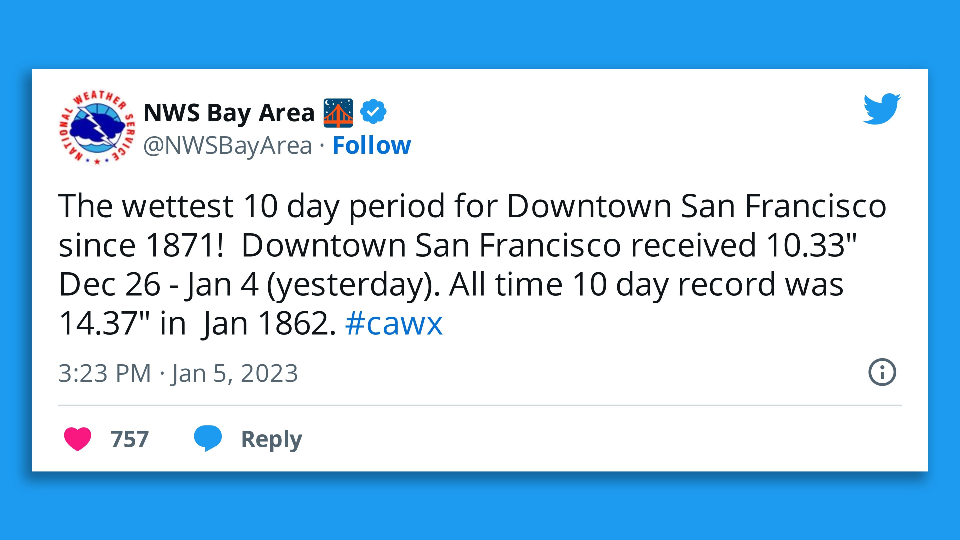 A screenshot of an NWS tweet saying Downtown San Francisco has had its wettest 10-day period since 1871.