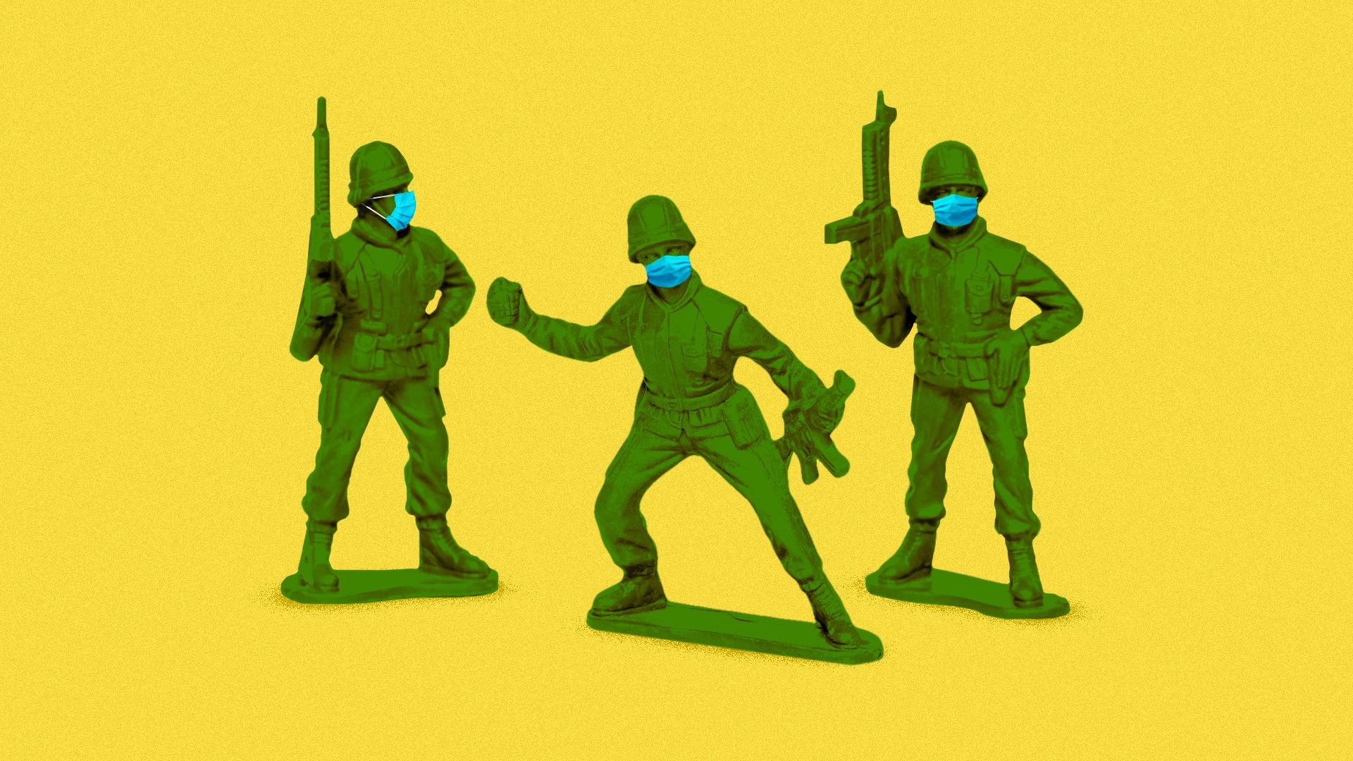 Illustration of green army men wearing surgical masks. 