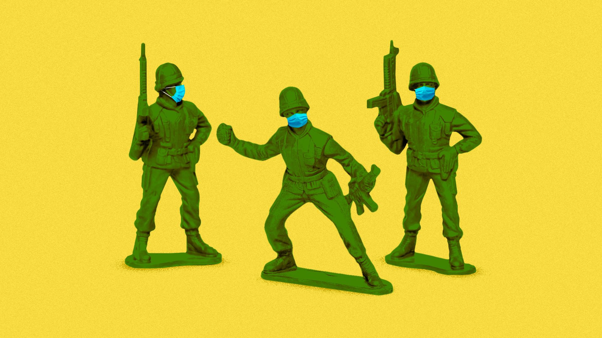 Illustration of green army men wearing surgical masks.