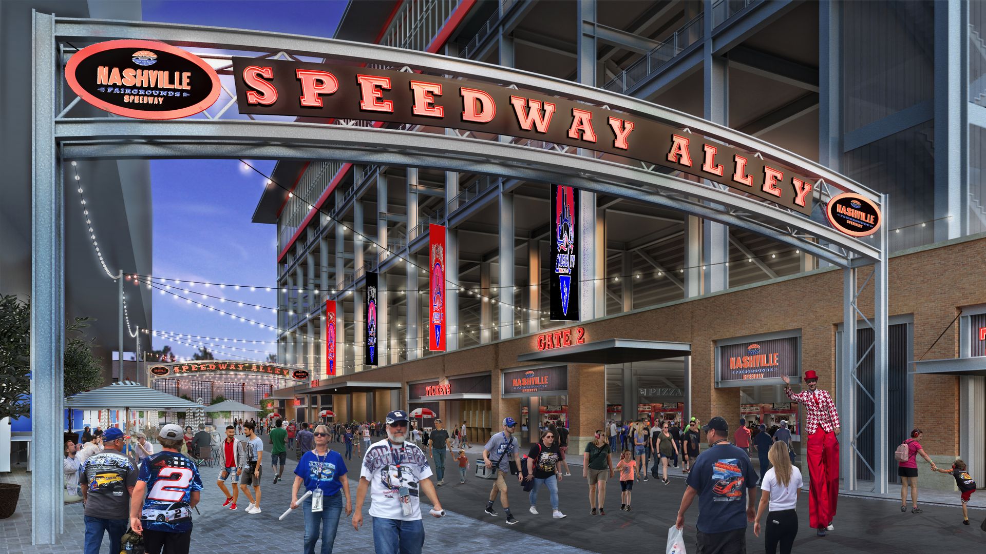A rendering showing "speedway alley" where NASCAR fans can mingle before races at the fairgrounds.