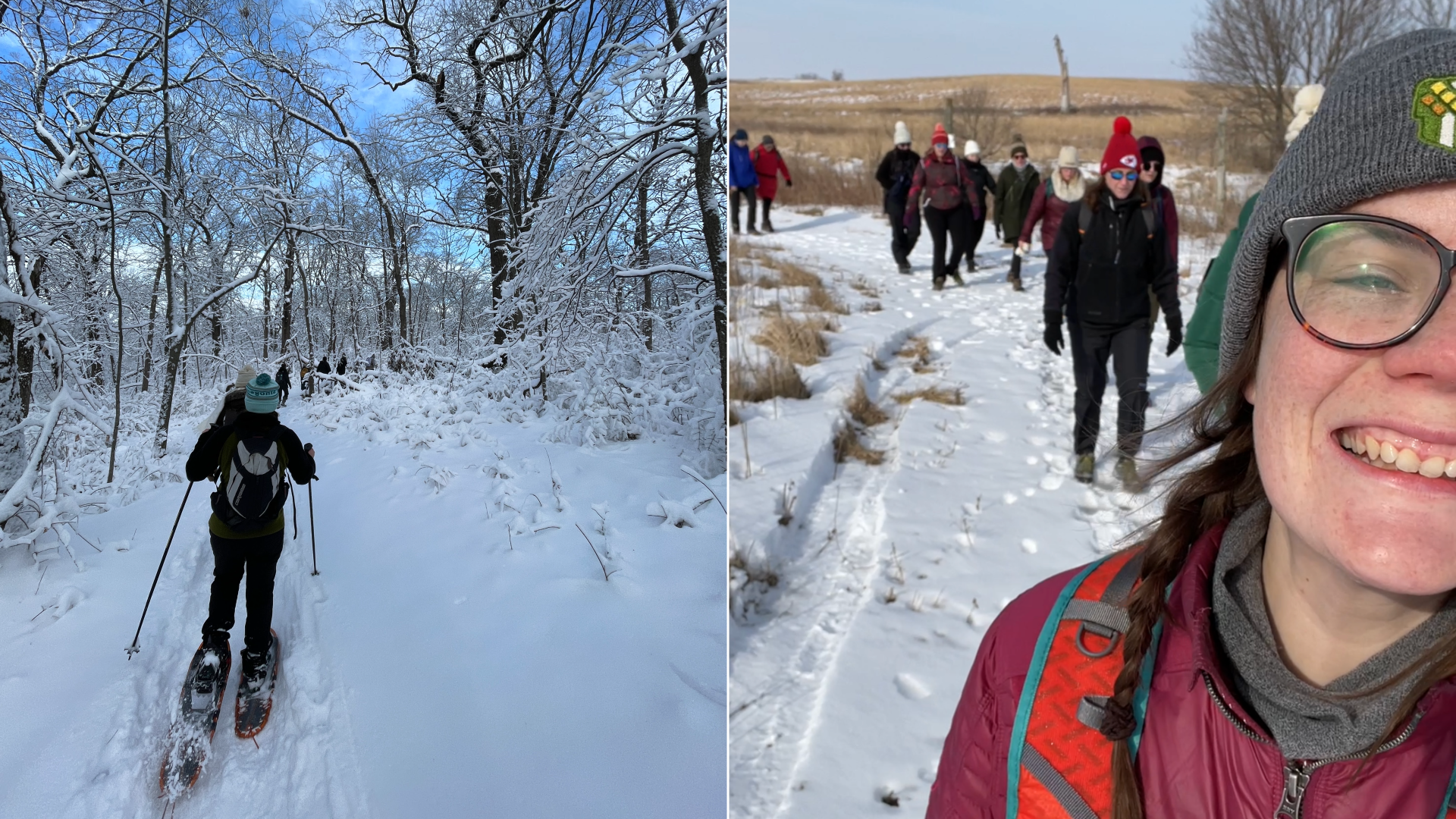people snowshoeing (left) and kerri sorrell taking a selfie on the right