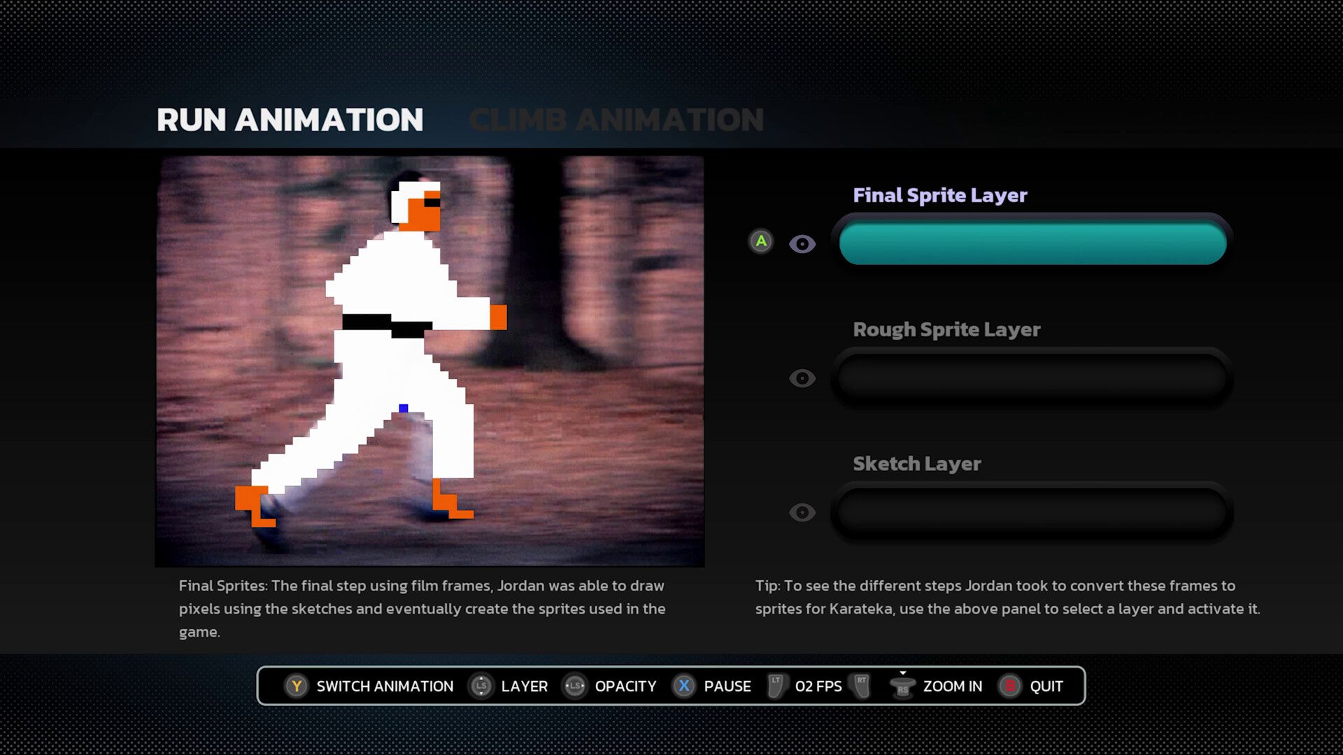 Video game screenshot of a man in a karate gi in an interface that lets users change the animation