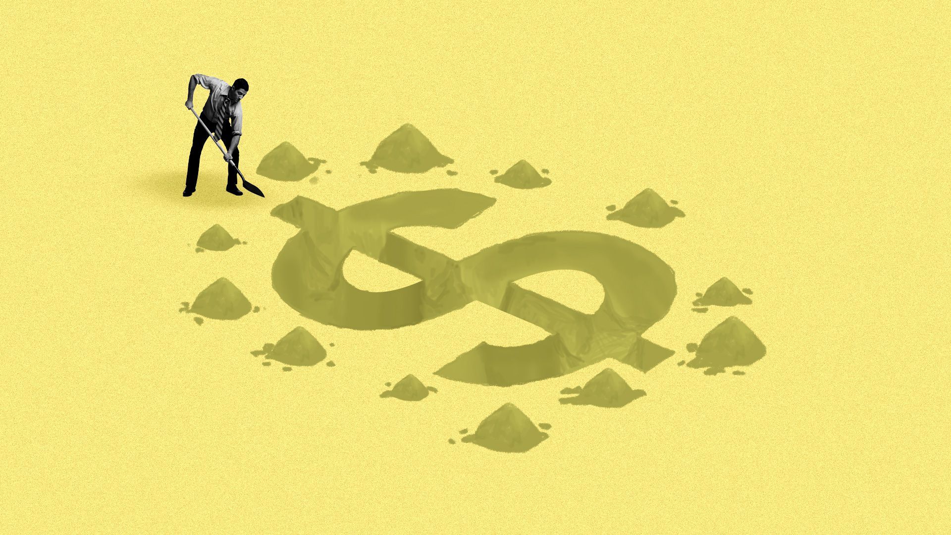 A businessman digging a trench in the shape of a dollar sign