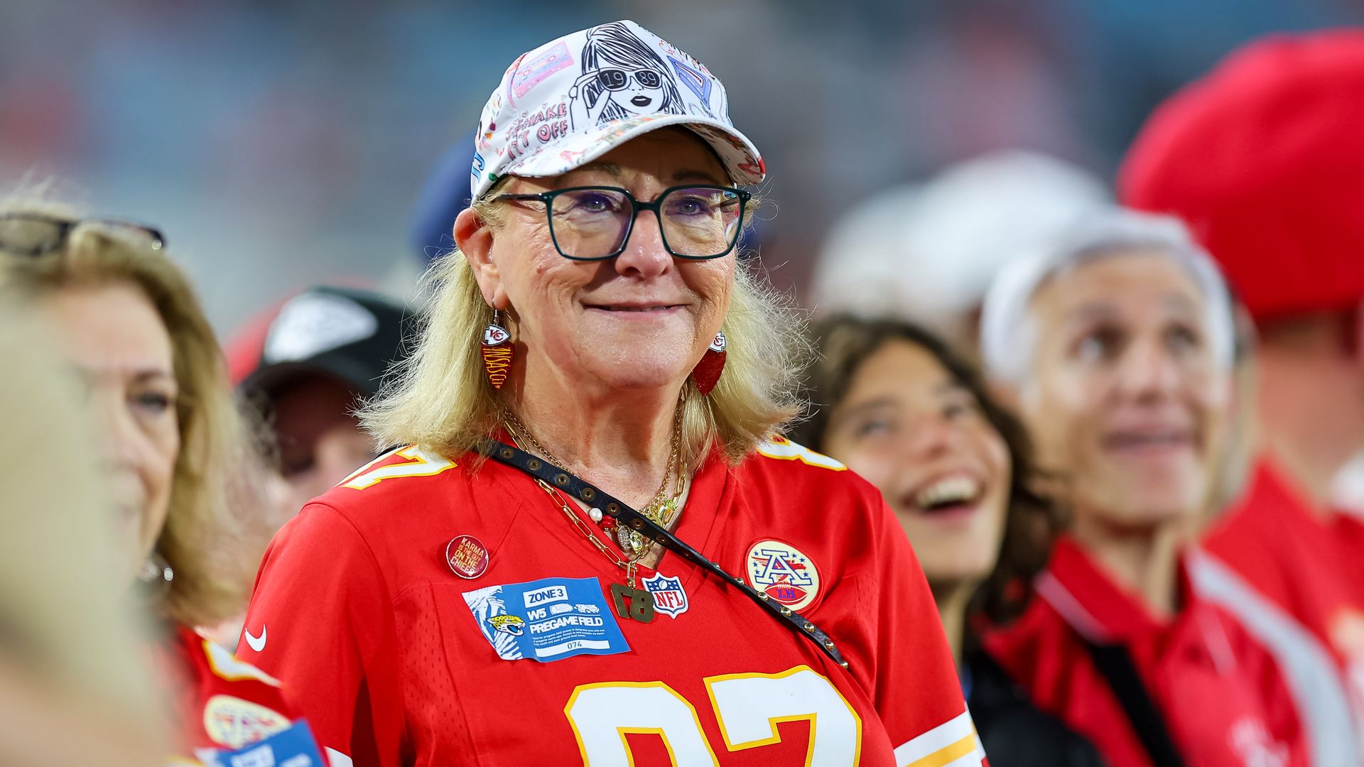 Donna Kelce wears a Taylor Swift-themed hat prior to the game between the Kansas City Chiefs and Jacksonville Jaguars at EverBank Field on October 6, 2025, in Jacksonville, Florida. 
