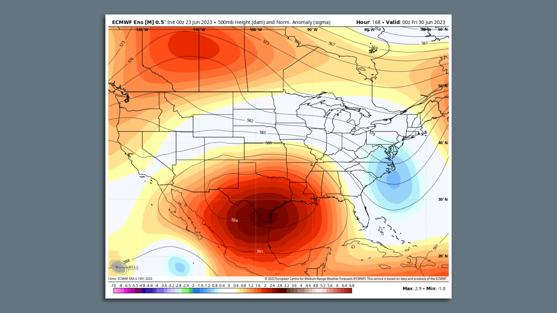 Computer model projection showing a strong heat dome over southern Texas on June 30.