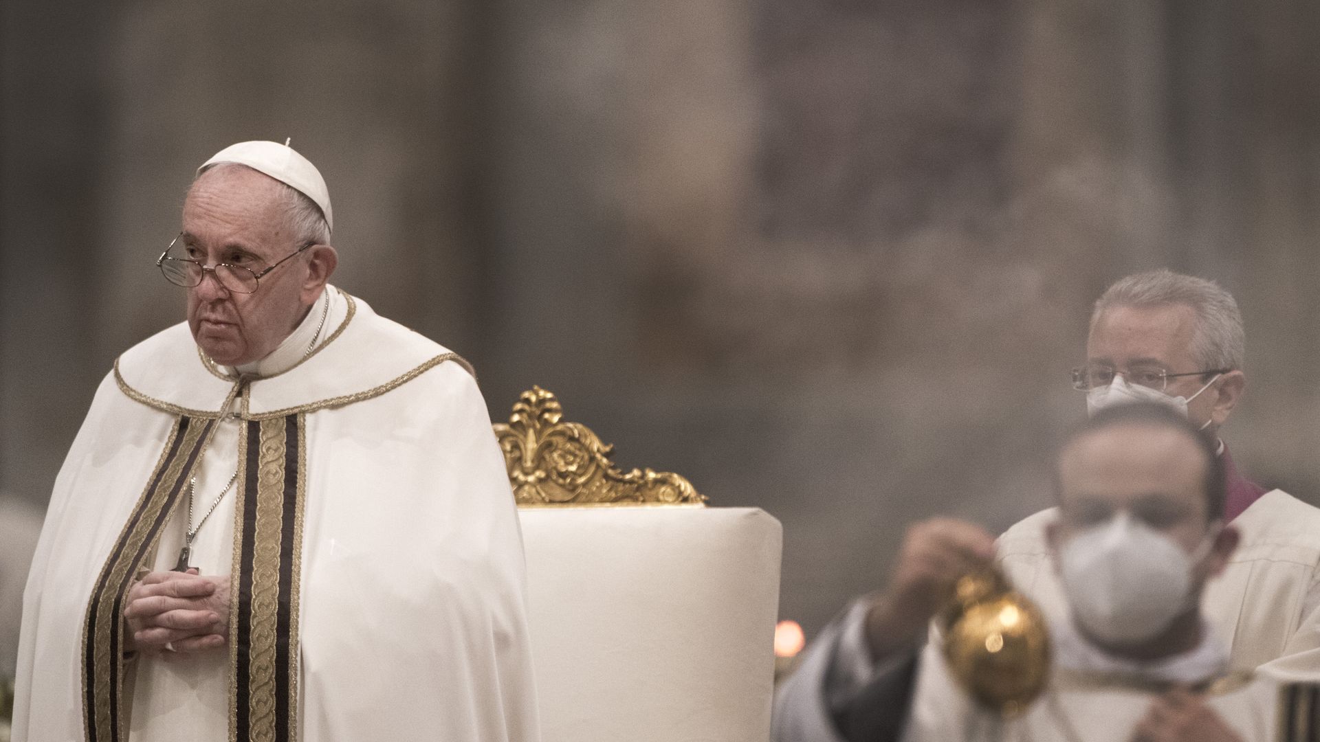 Pope Francis leads the Second Vespers, on January 25, 2022 in Rome, Italy.