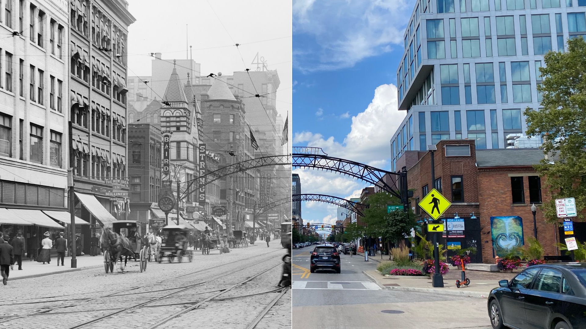 Split image showing the same Short North street, with an arch over it: left side in black and white, with horse-drawn carriages and old buildings, right side in color with modern cars, buildings, and blue sky.