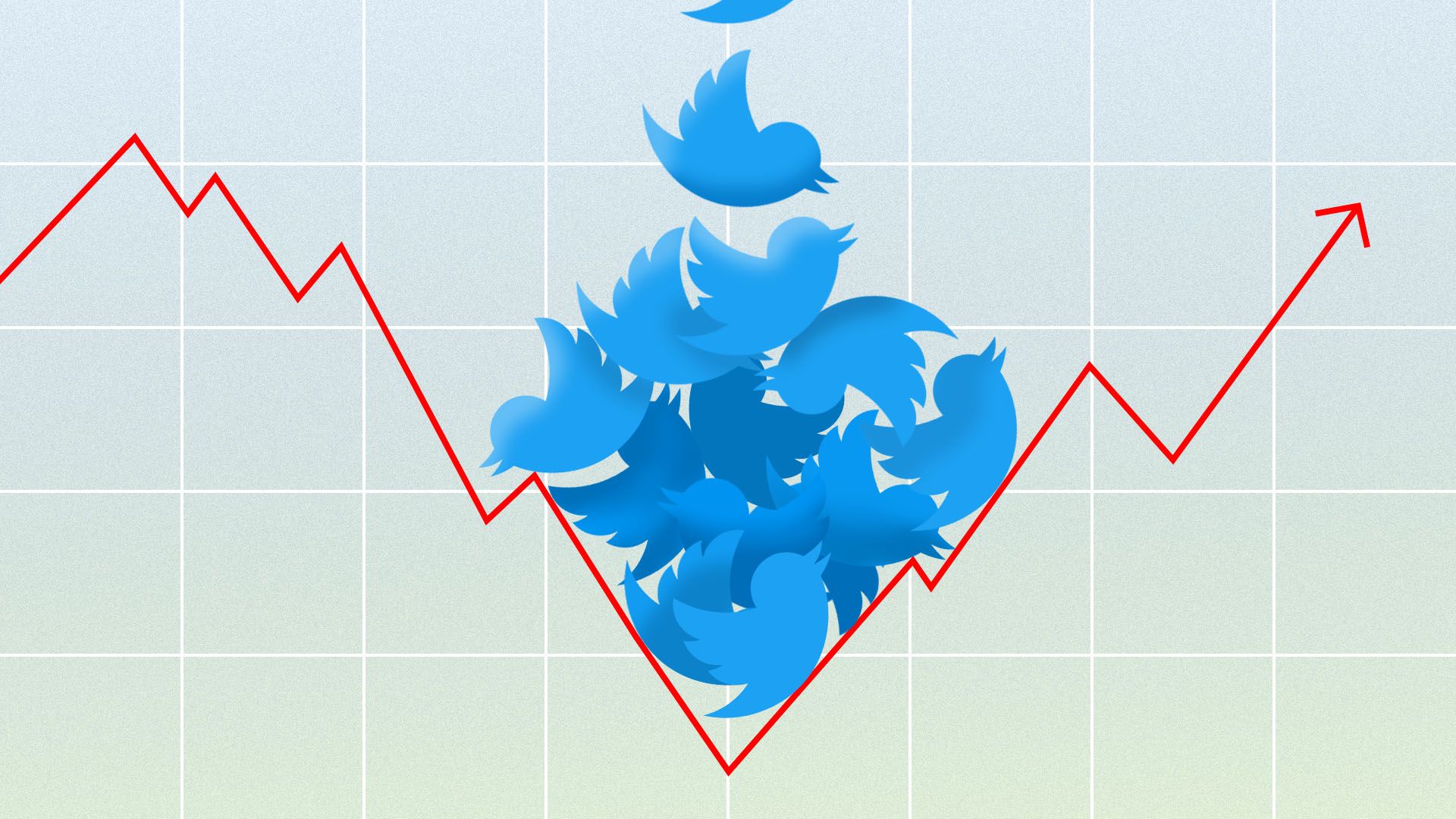 Illustration of line chart being weighed down by a pile of Twitter birds