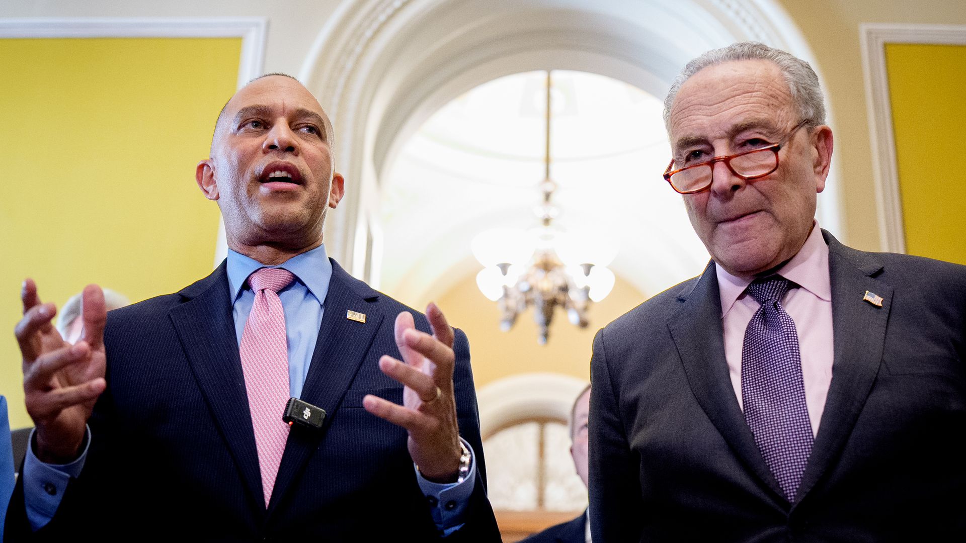 House Minority Leader Hakeem Jeffries (D-NY), accompanied by Senate Minority Leader Chuck Schumer (D-NY), speaks following a Democratic leadership meeting at the U.S. Capitol on April 8, 2025 in Washington, DC.