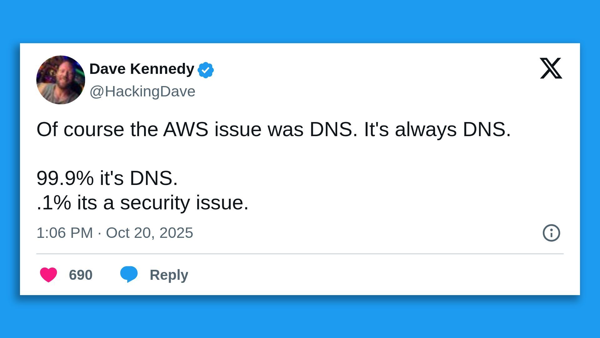 Tweet by Dave Kennedy (@HackingDave) on Oct 20, 2025, stating AWS issues are mostly DNS-related: "Of course the AWS issue was DNS. It's always DNS. 99.9% it's DNS. .1% it's a security issue."
