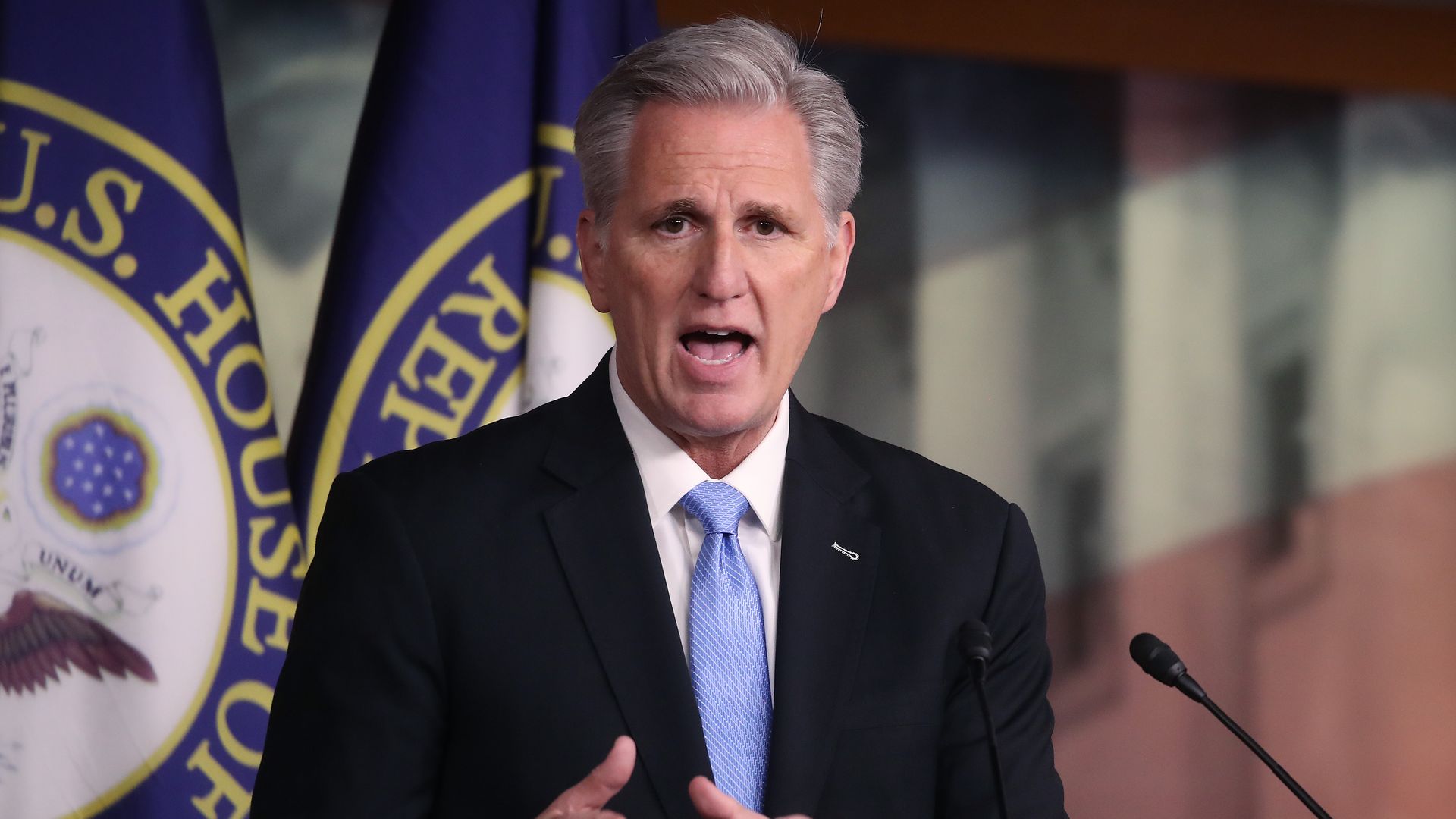 House Minority Leader Kevin McCarthy is seen speaking during a news conference.