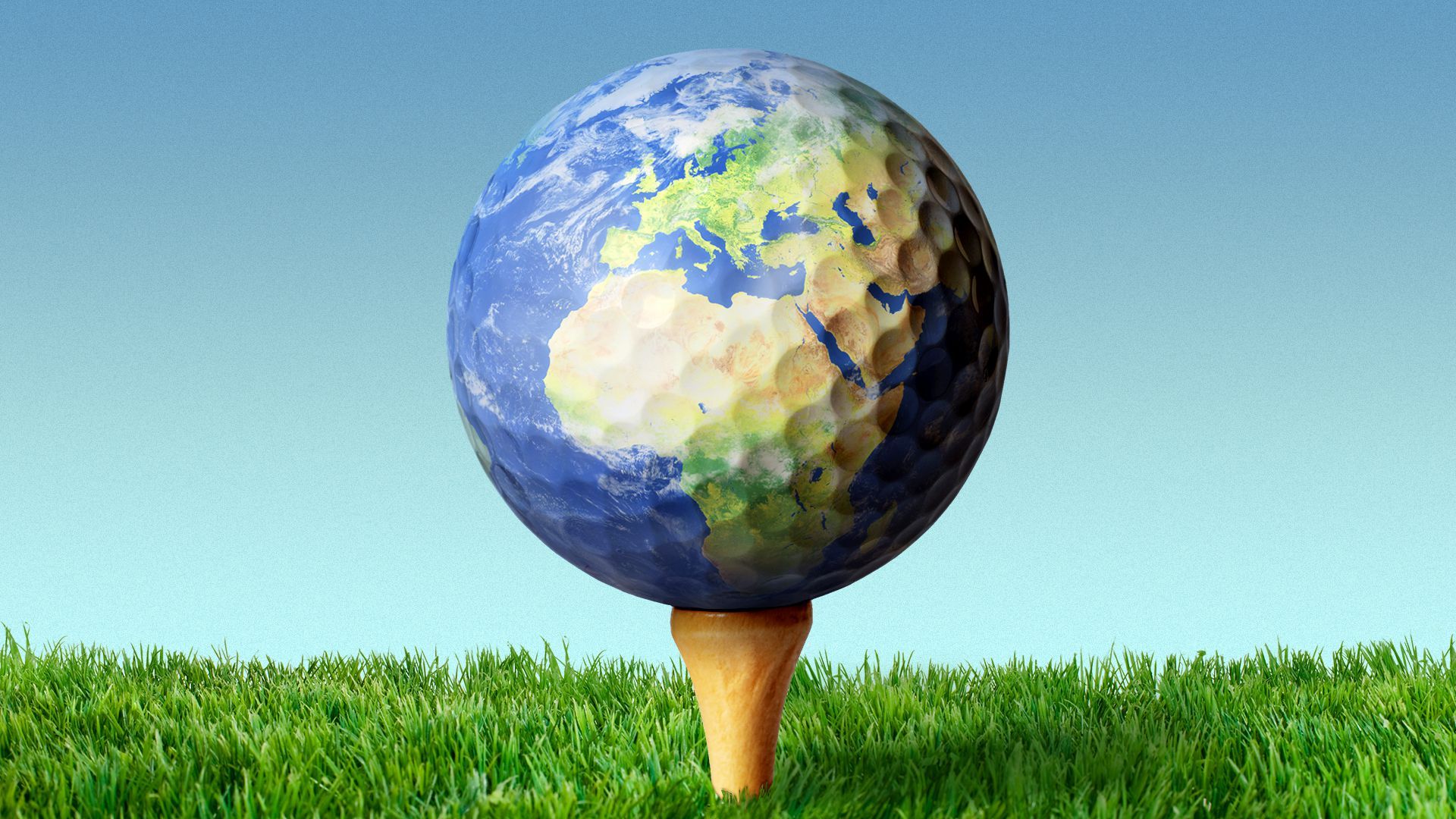 Illustration of the earth as a golf ball, resting on a tee. 