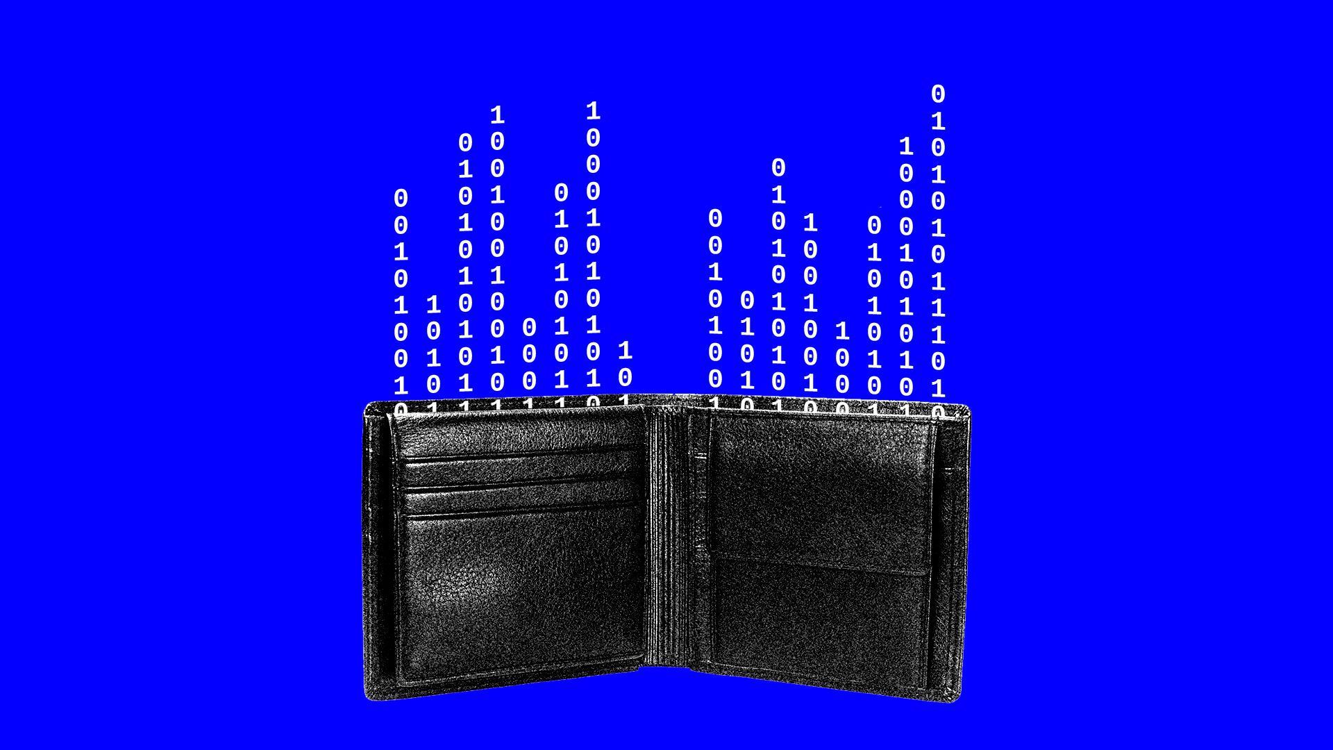 Illustration of wallet with binary code spilling out as it were money