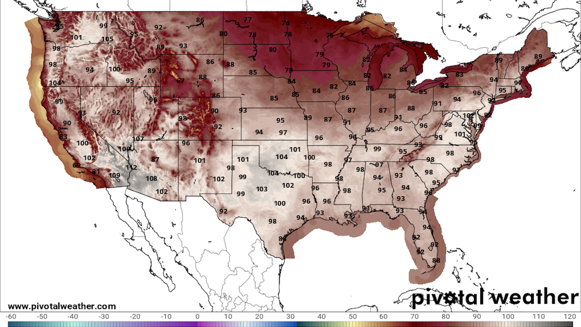 Map of forecast high temperatures across the U.S. on July 16.