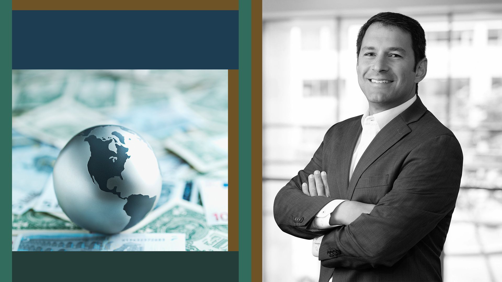 Photo illustration of Shai Kalansky next to graphic shapes and a photo of an Earth figurine on a table covered in money.