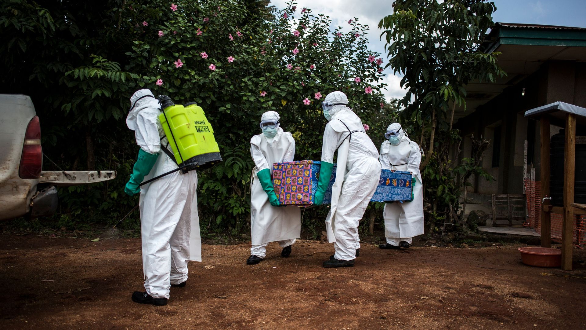Doctors in hazmat suits in the Congo.