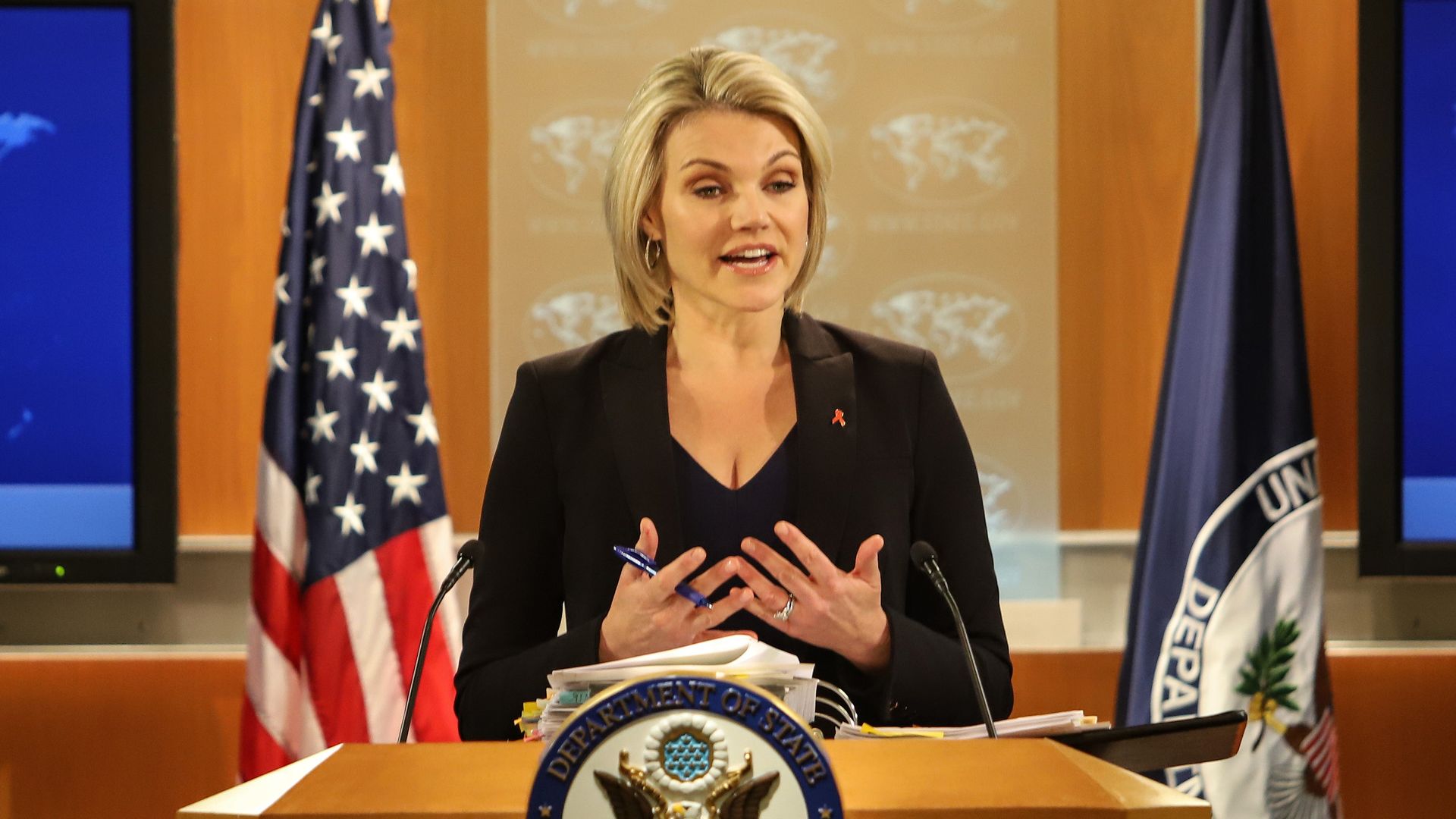 Heather Nauert at the State Department podium. 