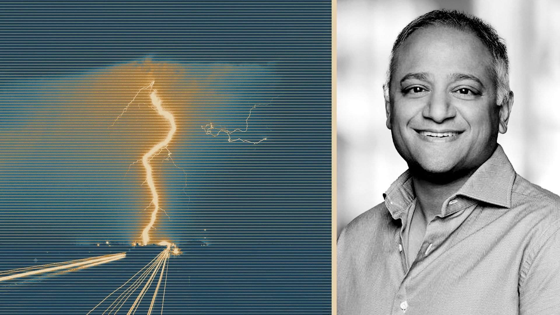 Photo illustration of Rohit Agarwal next to a photo of a lightning storm.