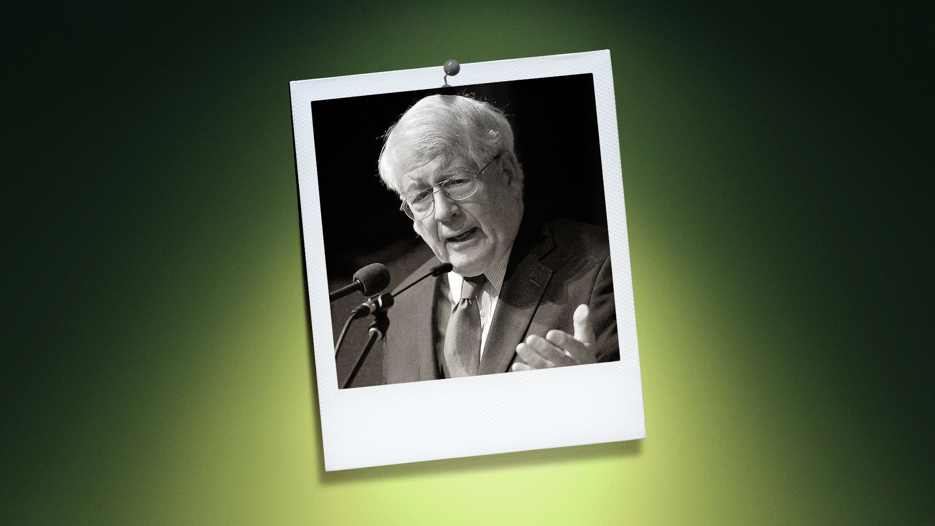 Photo illustration of Rep. David Price in the center of a Polaroid photo under a green spotlight.