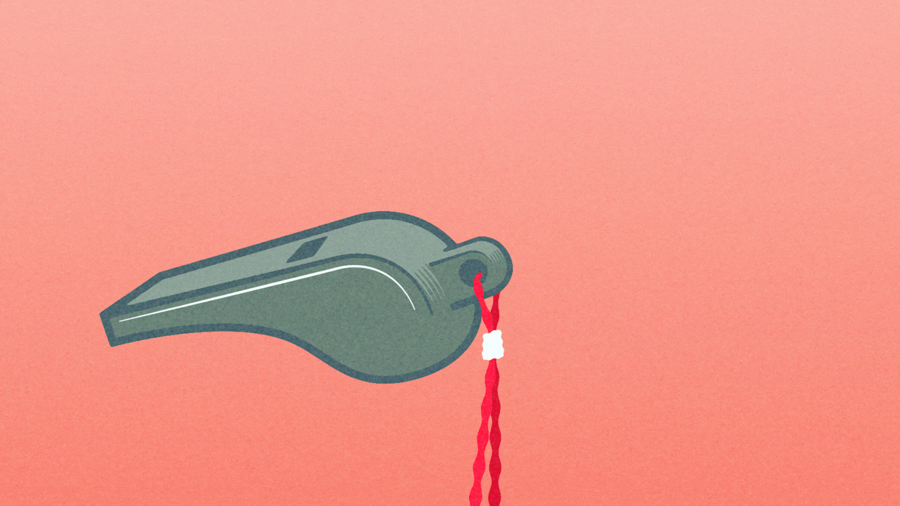 Animated illustration of a coach's whistle blowing, with sparkle shapes coming out of it.