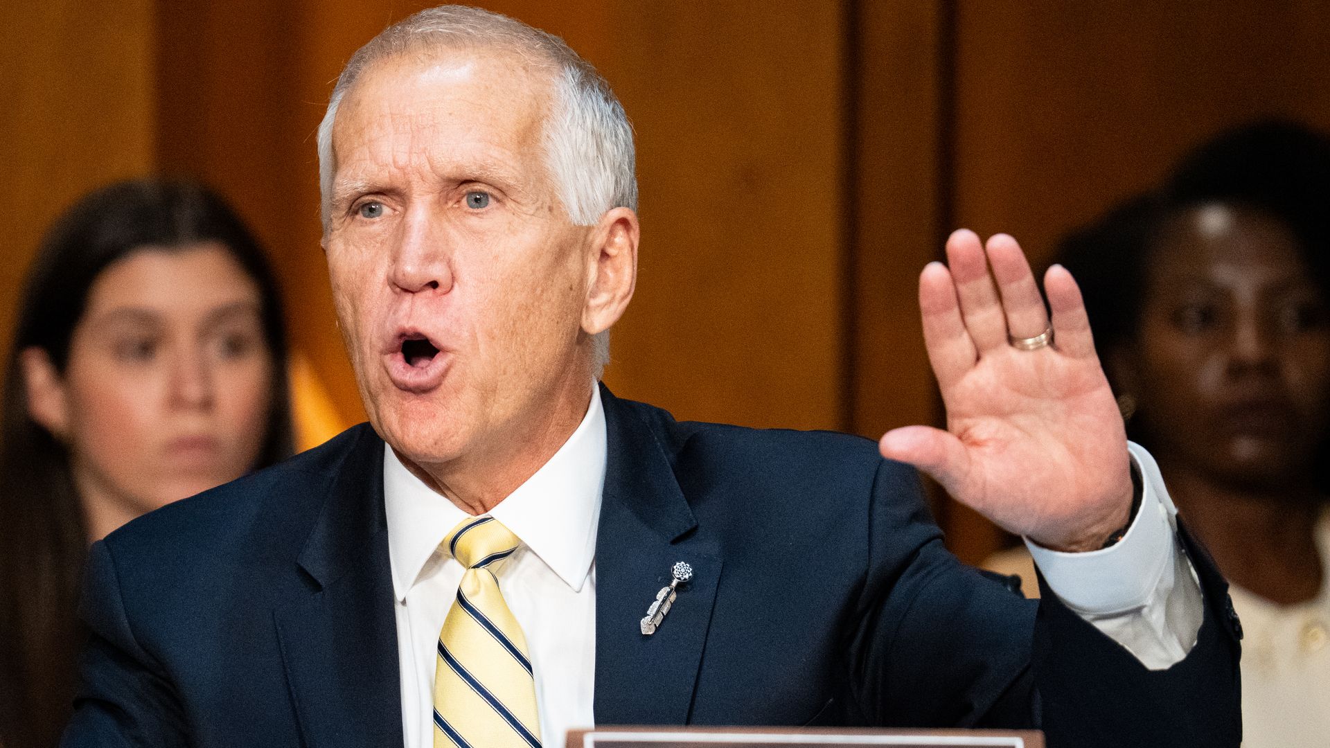Sen. Thom Tillis, R-N.C., questions Acting Attorney General Todd Blanche during his confirmation hearing to be Attorney General in the Senate Judiciary Committee on Wednesday, July 15, 2026. (Bill Clark/CQ-Roll Call, Inc via Getty Images)