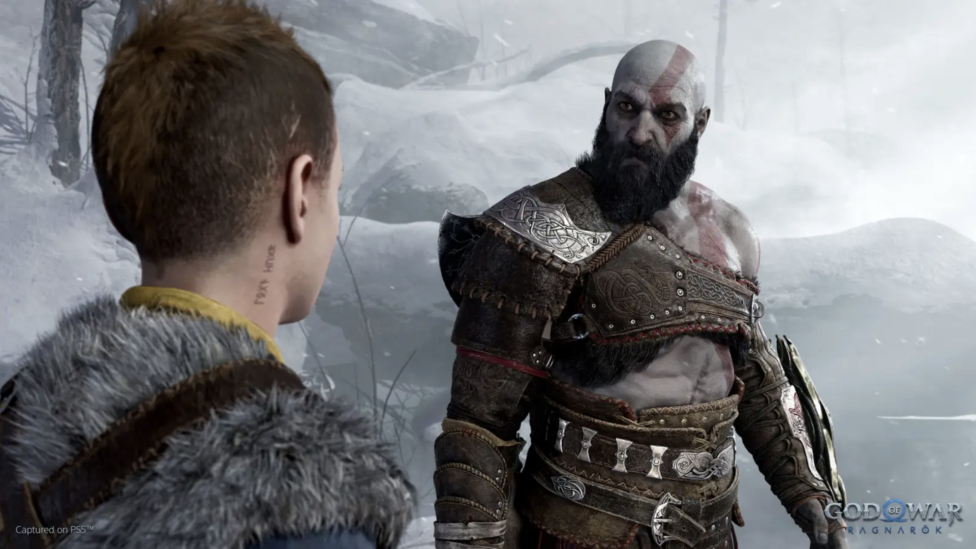 Video game screenshot of a a warrior man and his son