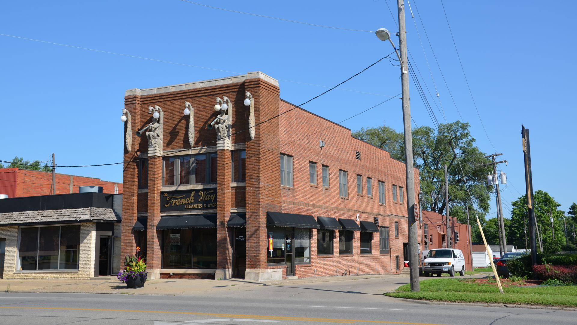 The exterior of the former French Way Cleaners building in Des Moines.