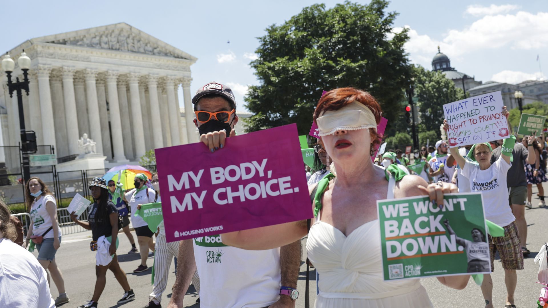 Picture of the Supreme Court building with abortion rights activists marching in front of it