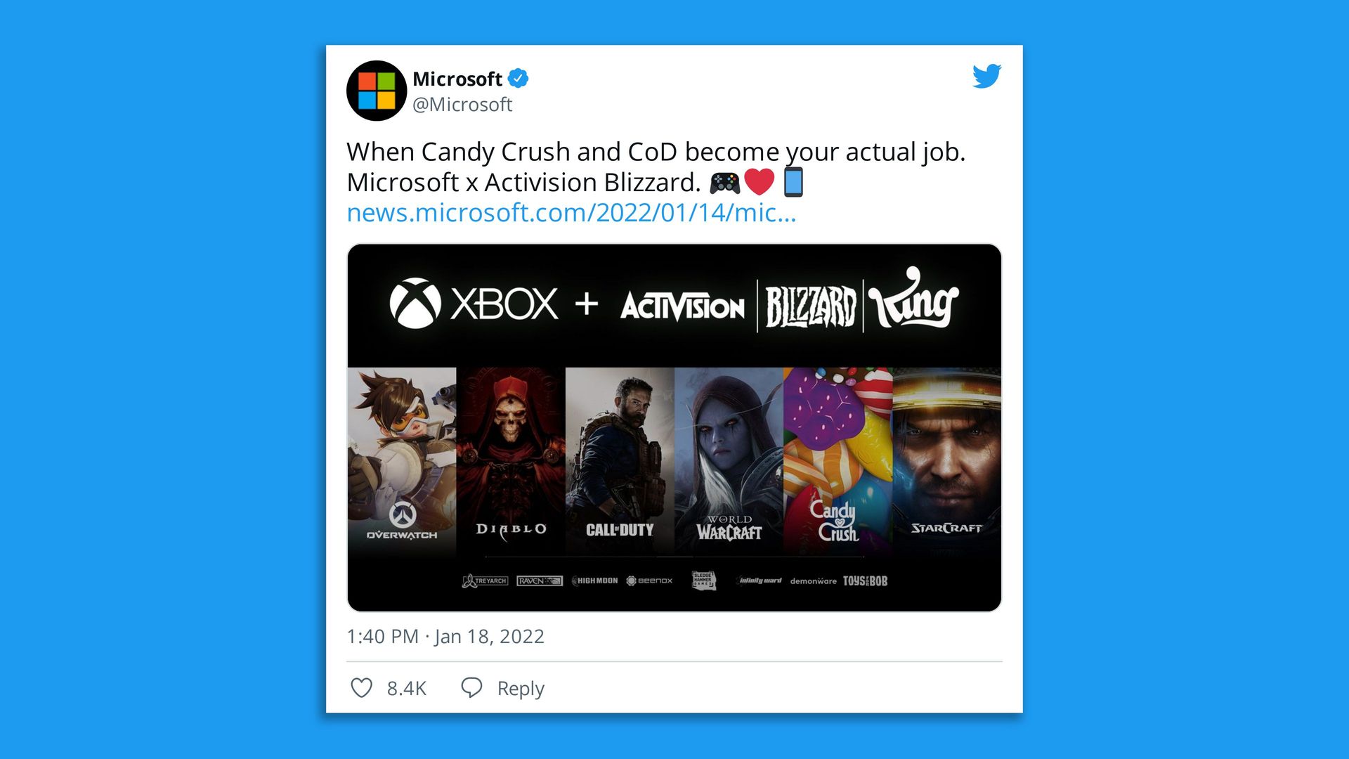 Microsoft tweet showing a composite of pictures from various Activision Blizzard franchise. 