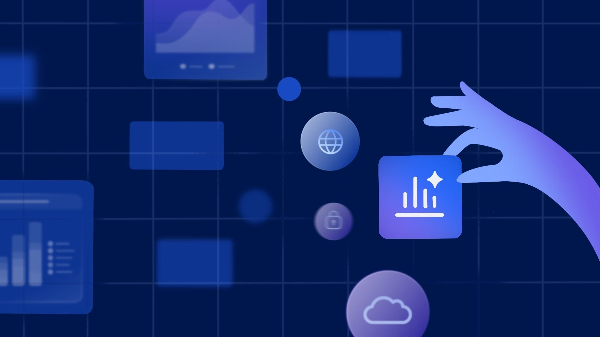 Blue abstract tech illustration with a gradient hand reaching toward floating icons, including a globe, a chart, and a cloud, set against a dark grid background.