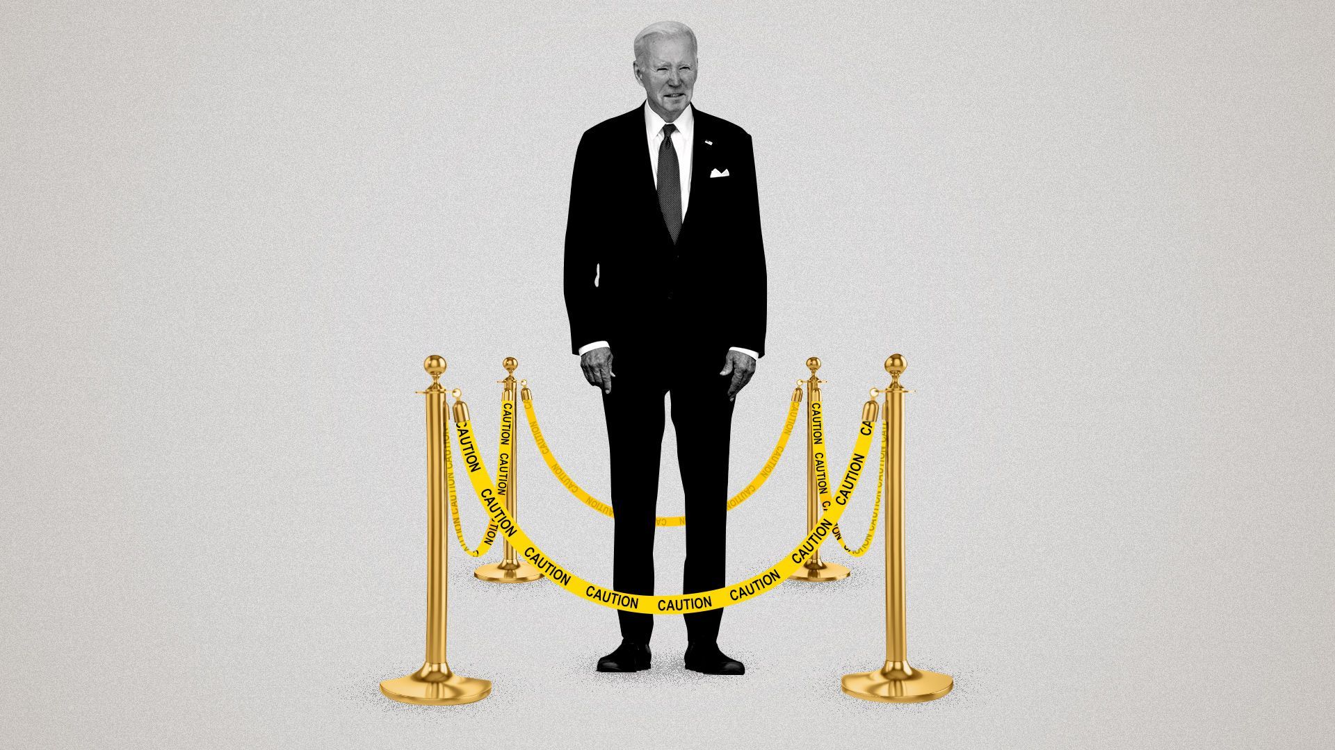 Photo illustration of President Biden surrounded by caution tape held up by golden velvet rope stands. 