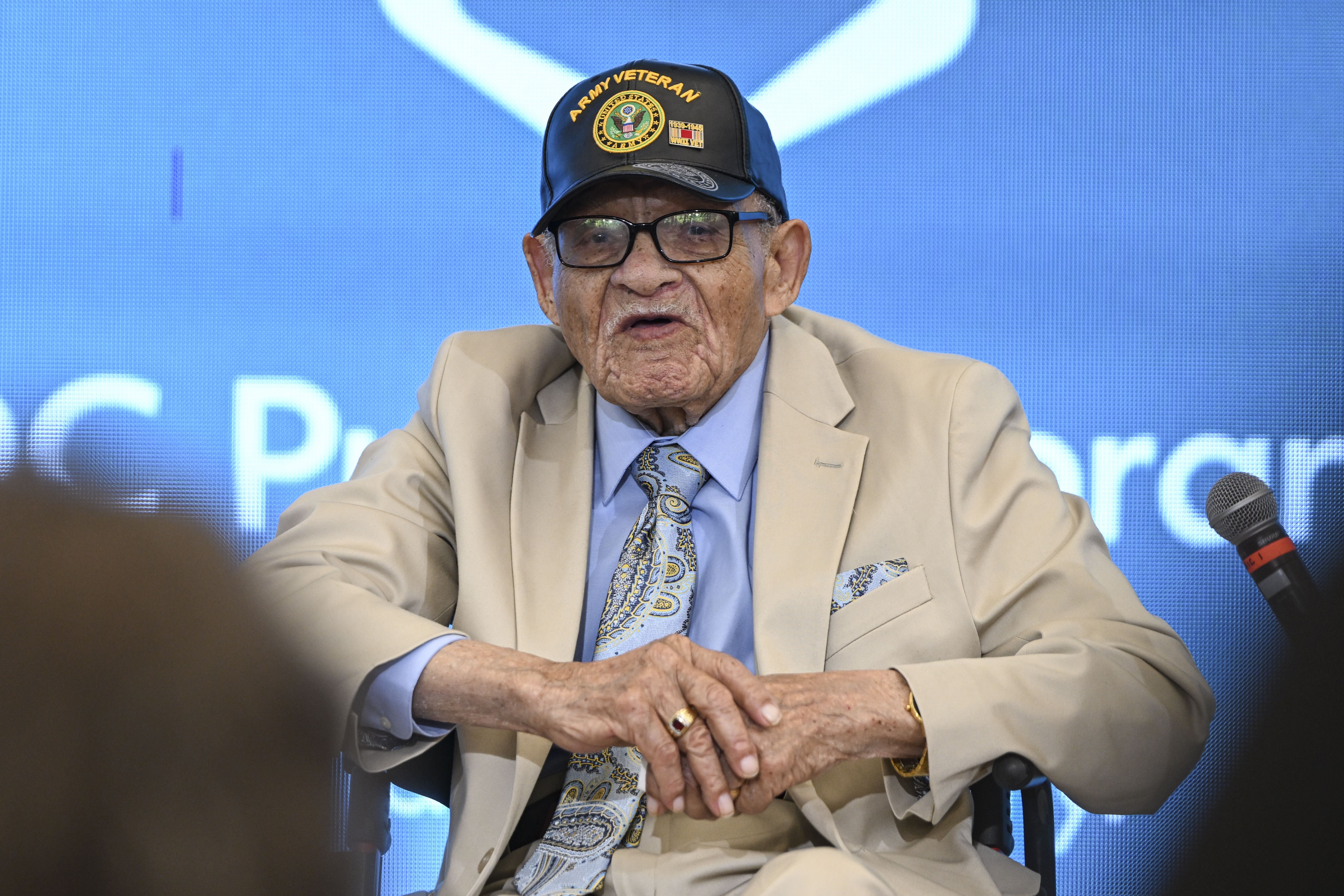 Hughes Van Ellis is 102 years old, is a survivor of the Massacre and brother of Mother Viola Fletcher. He's also a WWll combat veteran. He speaks about his memoir in Washington D.C., United States on June 18, 2023. Juneteenth is a federal holiday in the US commemorating the emancipation of enslaved African Americans.