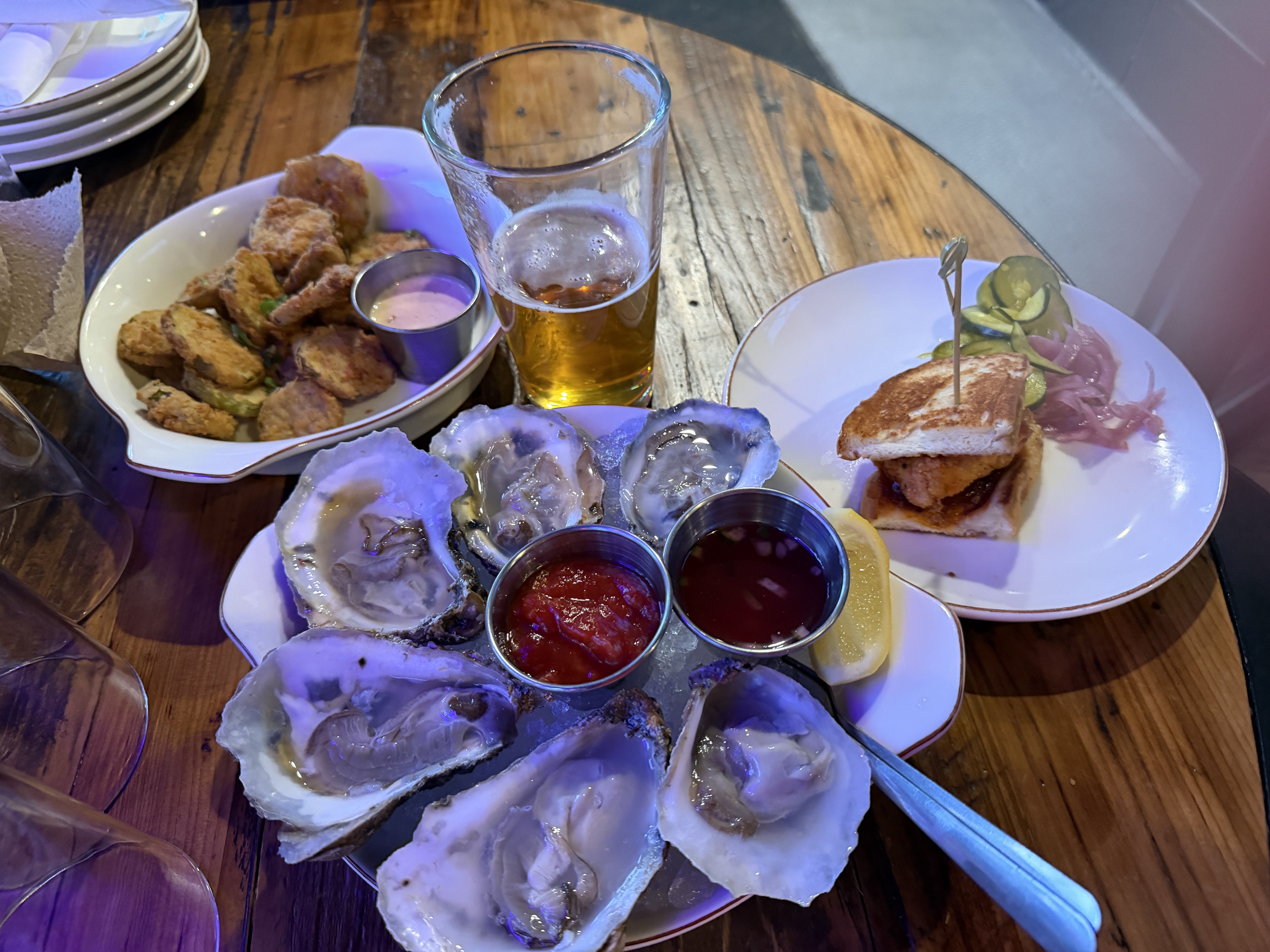 Beer and snacks and oysters