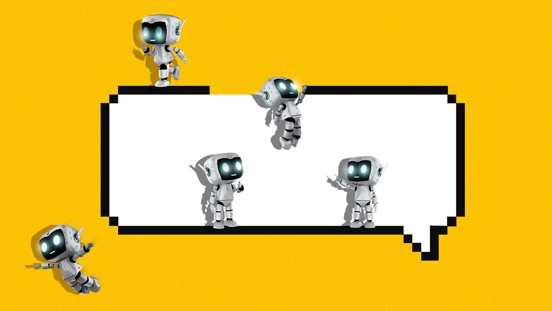 Illustration of small bots breaking free from a chat bubble 