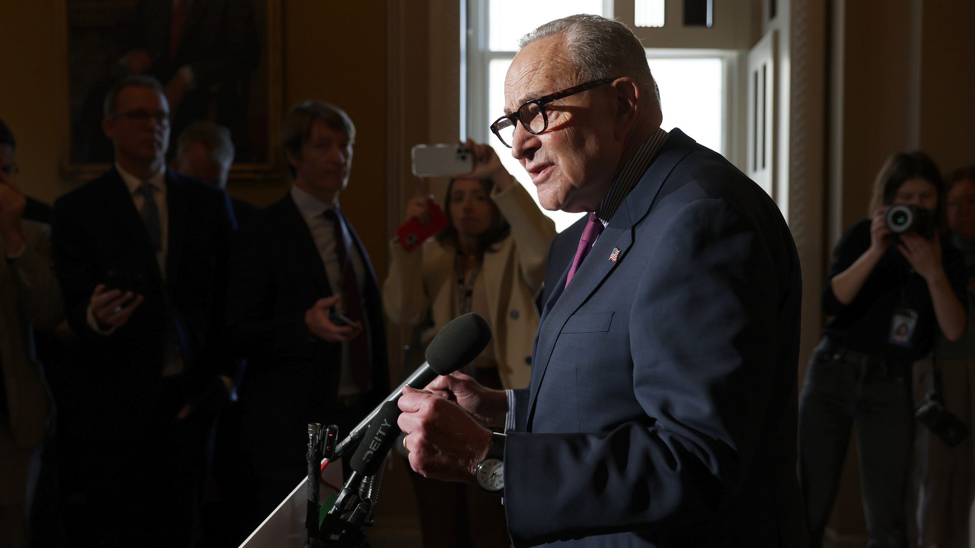 Senate Minority Leader Chuck Schumer (D-NY) speak to reporters at the U.S. Capitol on October 16, 2025 in Washington, DC.