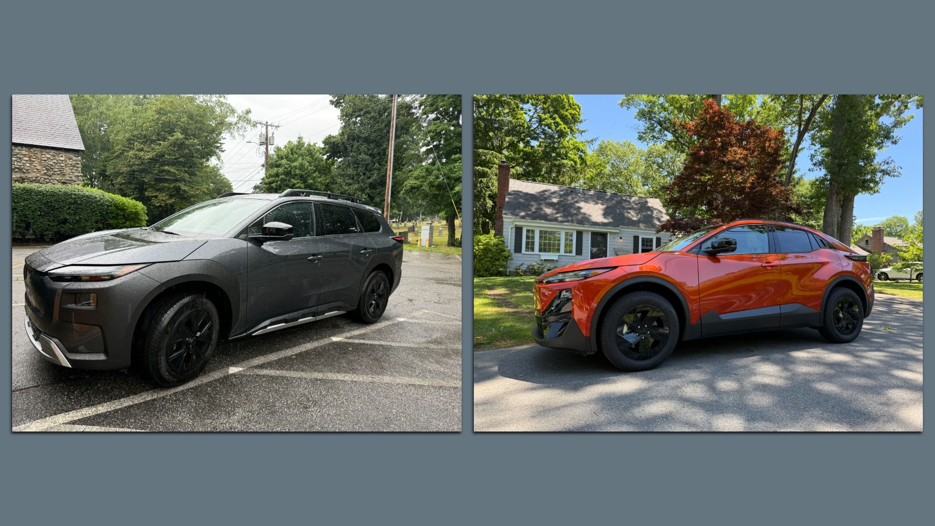 A gray Subaru Trailseeker and red Subaru Uncharted, both electric SUVs, parked in a suburban setting.