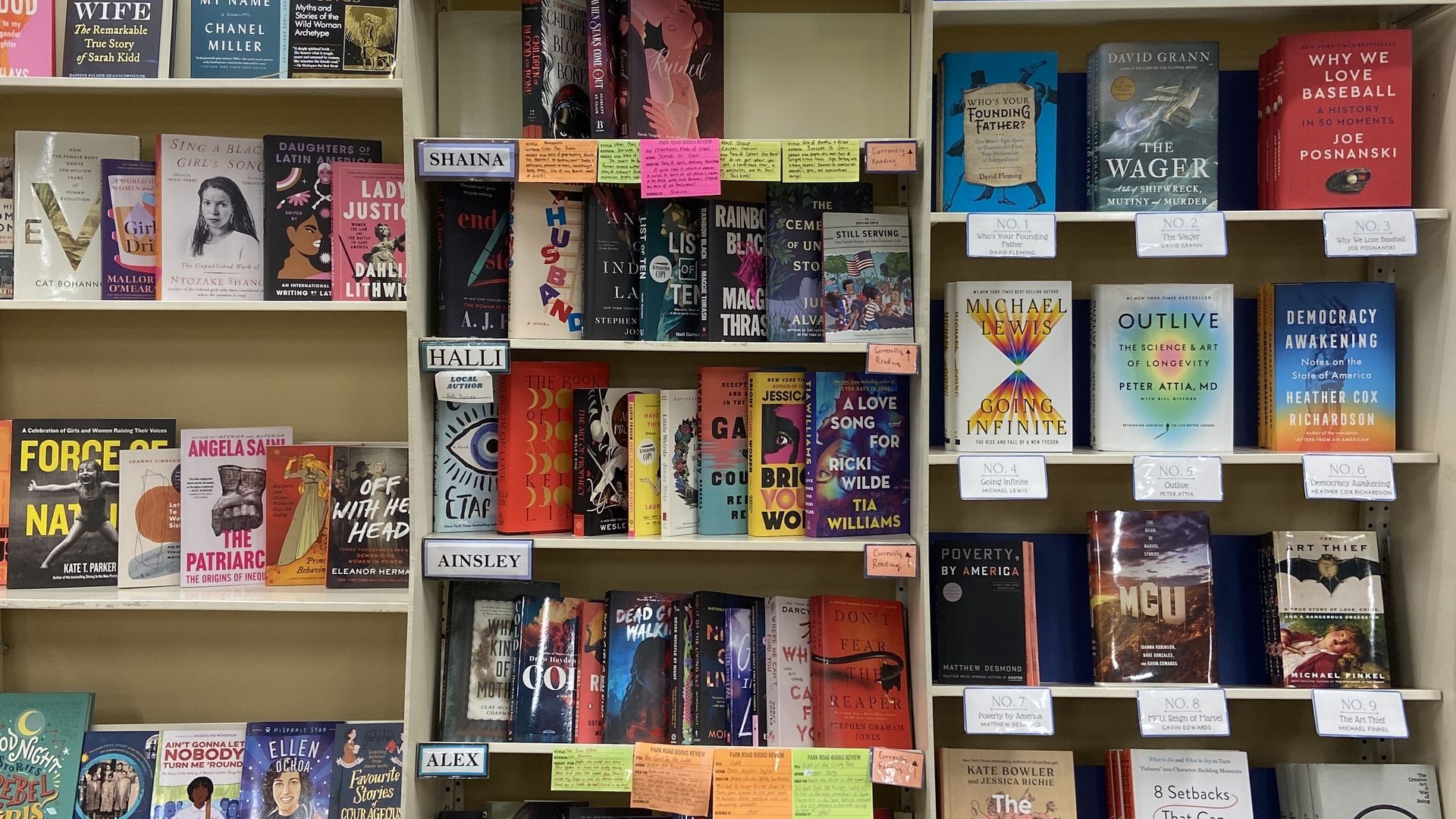 Books on shelves at Park Road Books in Charlotte.