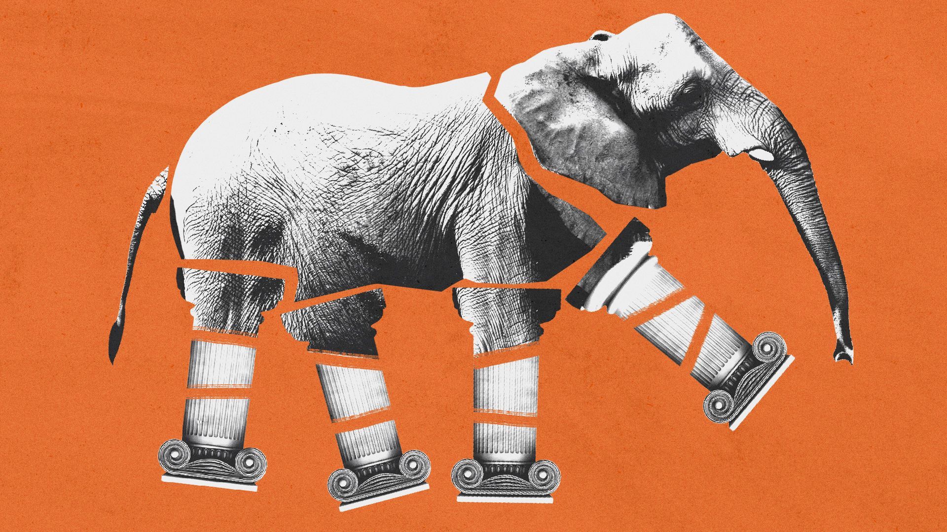 Illustration of an elephant with broken columns for legs.