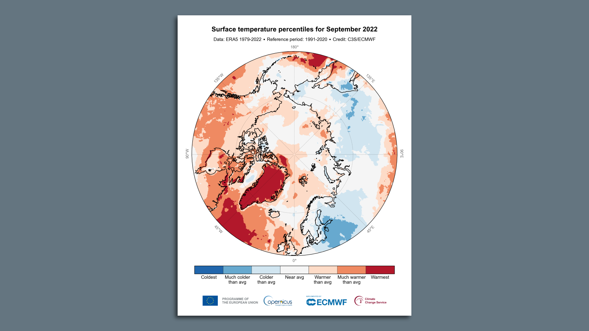 Map showing surface temperature percentiles in the Arctic during September 2022.
