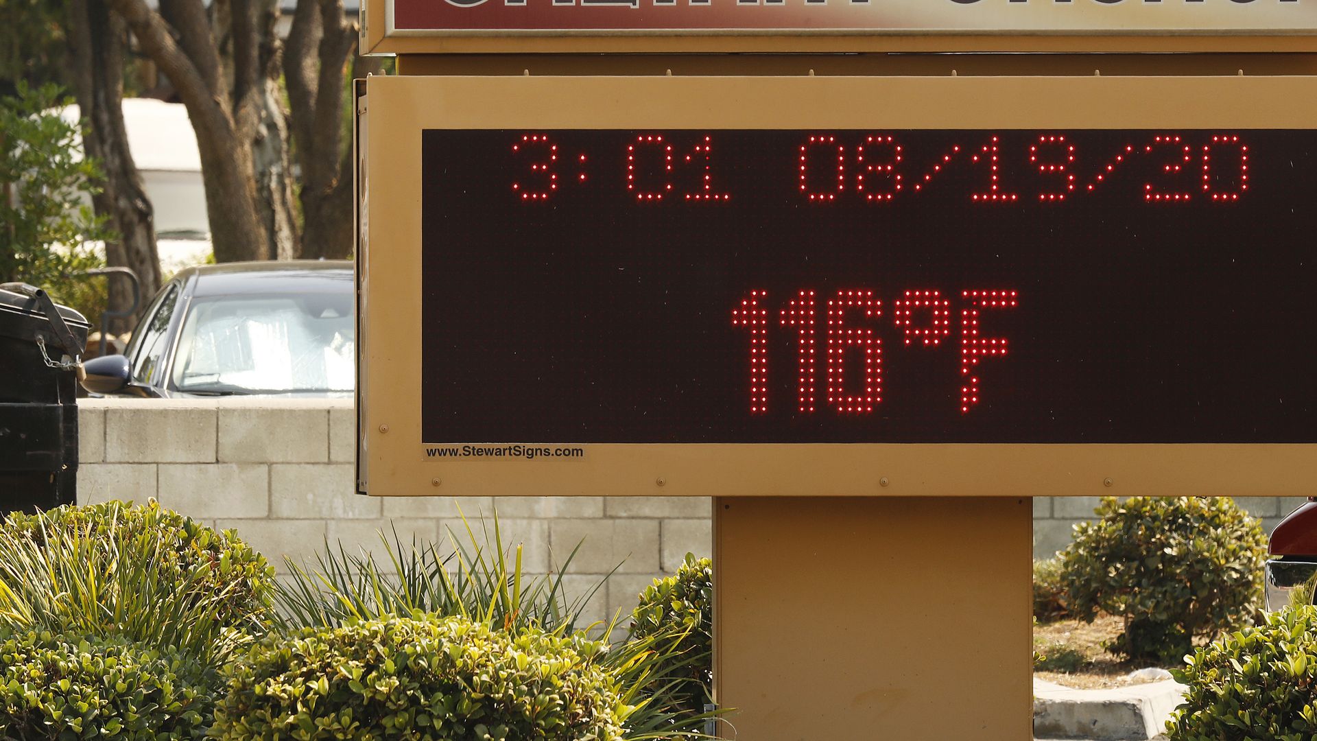 The thermometer at Calvary Church in Woodland Hills as it registers 116 degrees Fahrenheit 