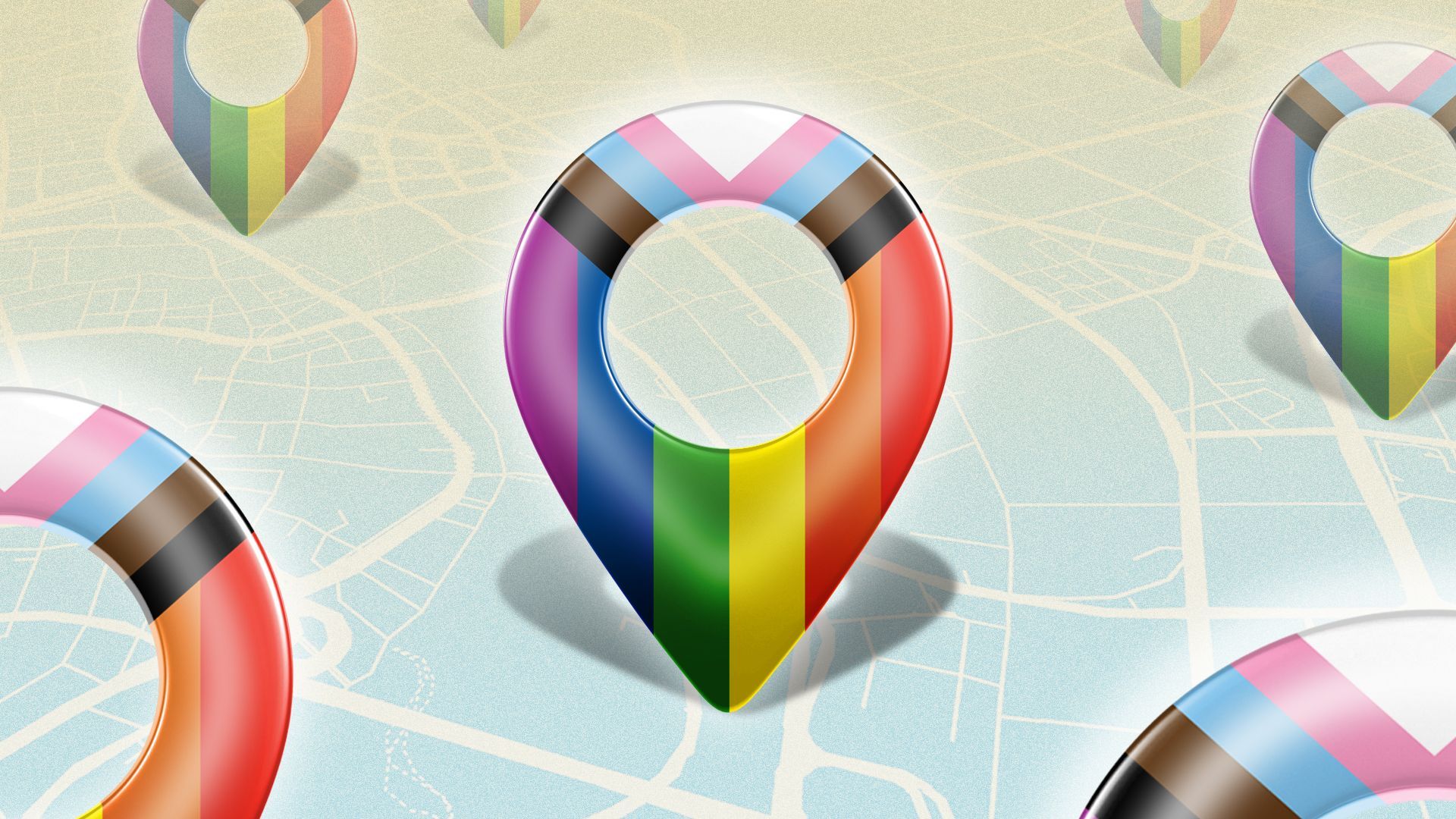 Illustration of multiple location icons with the  LGBTQ+ flag on a map 
