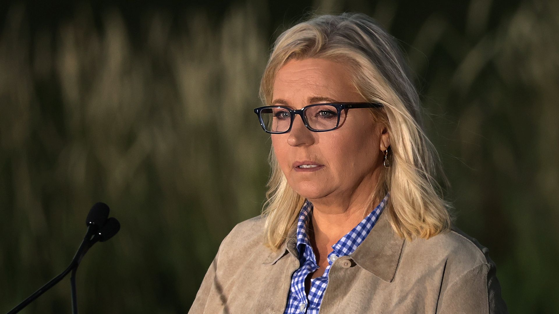Rep. Liz Cheney speaking at a news conference in Wyoming last month.