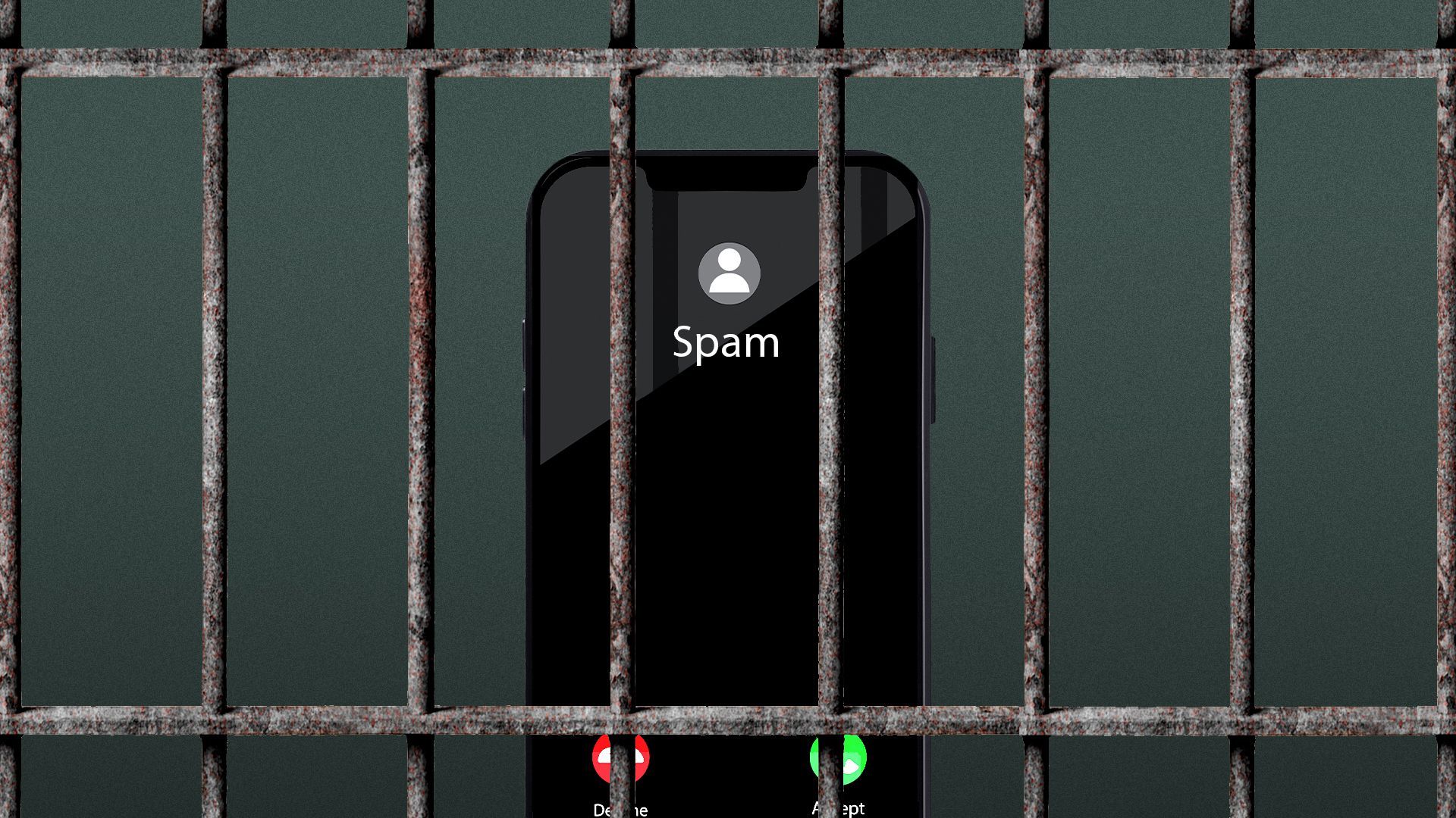 Illustration of an incoming call spam notification on a phone behind prison bars
