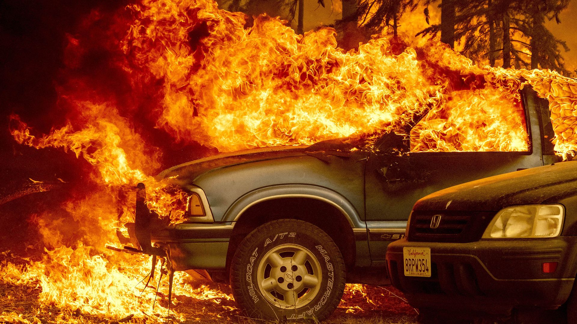 Fire burning in two cars.