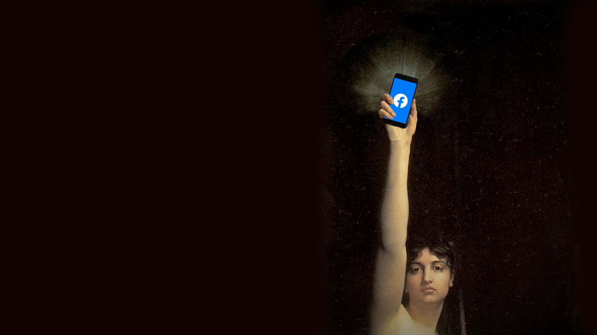 Illustration of La Verité by Jules Joseph Lefebvre holding a mobile phone with the Facebook logo in place of her mirror. 