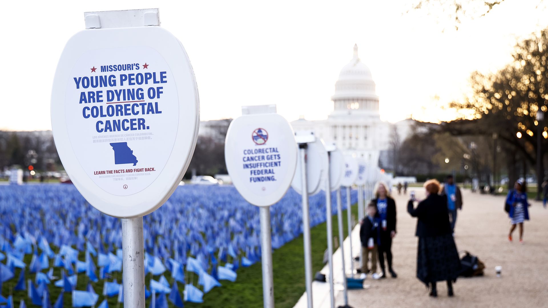 The Fight Colorectal Cancer "United in Blue" flag installation on the National Mall spotlighting the rise in young adult Colorectal cancer cases
